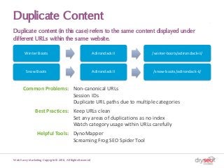 Duplicate Content
Duplicate content (in this case) refers to the same content displayed under
different URLs within the sa...