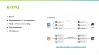 5
HTTP/2
● Speed!
● Gibt keinen Grund es nicht zu benutzen
● Minify wird nicht mehr benötigt
● Fragt euren Hoster
● HTTP/3 kommt
https://blog.cloudflare.com/introducing-http2/
 