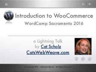 Introduction to WooCommerce
WordCamp Sacramento 2016
a Lightning Talk
by Cat Scholz
CatsWebWeave.com
© Copyright 2016 ~ Catherine Scholz ~ All Rights Reserved
1
 