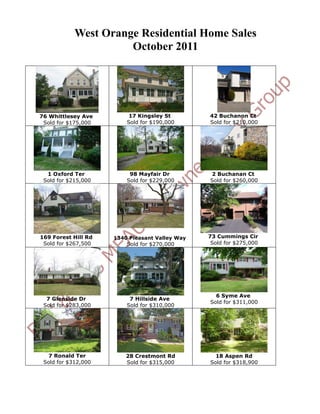 West Orange Residential Home Sales
                      October 2011




76 Whittlesey Ave         17 Kingsley St        42 Buchanon Ct
 Sold for $175,000       Sold for $190,000      Sold for $210,000




  1 Oxford Ter            98 Mayfair Dr         2 Buchanan Ct
 Sold for $215,000       Sold for $229,000      Sold for $260,000




169 Forest Hill Rd   1340 Pleasant Valley Way   73 Cummings Cir
 Sold for $267,500       Sold for $270,000       Sold for $275,000




                                                  6 Syme Ave
  7 Glenside Dr           7 Hillside Ave
                                                Sold for $311,000
 Sold for $283,000       Sold for $310,000




   7 Ronald Ter          28 Crestmont Rd          18 Aspen Rd
 Sold for $312,000       Sold for $315,000      Sold for $318,900
 