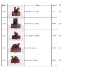 Code                          Item       Size    USD




C-5468   Wooden Rooster U/Cut Box        5X3     5.01




C-5467   Wooden Owl Flat U/Cut Box      5X3X5½   5.01




C-5466   Wooden Cat Sitting U/Cut Box   5X3X5    5.01




C-5465   Wooden Fish U/Cut Box          5X3X4½   5.01




C-5464   Wooden Camel U/Cut Box         5X3X4½   5.01
 