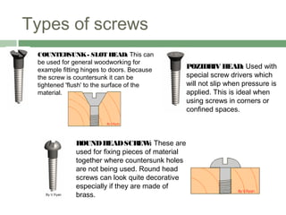 Types of screws
COUNTERSUNK- SLOT HEAD: This can
be used for general woodworking for
example fitting hinges to doors. Because
the screw is countersunk it can be
tightened 'flush' to the surface of the
material.
POZIDRIV HEAD: Used with
special screw drivers which
will not slip when pressure is
applied. This is ideal when
using screws in corners or
confined spaces.
ROUNDHEADSCREW: These are
used for fixing pieces of material
together where countersunk holes
are not being used. Round head
screws can look quite decorative
especially if they are made of
brass.
 