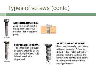 Types of screws (contd)
RAISEDHEADSCREW:
Used to fit door handle
plates and decorative
features that must look
good.
CHIPBOARDSCREWS:
The thread on this type
of screw extends all the
way along the length. It
is best used with
chipboard
SELF-TAPPING SCREWS:
these are normally used to cut
a thread in metal. A hole is
drilled in the metal, a fraction
smaller than the width of the
screw. The self-tapping screw
is then turned into the hole
cutting a thread.
 