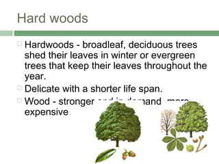 Hard woods
 Hardwoods - broadleaf, deciduous trees
shed their leaves in winter or evergreen
trees that keep their leaves throughout the
year.
 Delicate with a shorter life span.
 Wood - stronger and in demand, more
expensive
 
