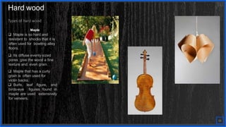 Contoso
S u i t e s
Types of hard wood
Maple
 Maple is so hard and
resistant to shocks that it is
often used for bowling alley
floors.
 Its diffuse evenly sized
pores give the wood a fine
texture and even grain.
 Maple that has a curly
grain is often used for
violin backs.
 Burls, leaf figure, and
birds-eye figures found in
maple are used extensively
for veneers.
11
Hard wood
 