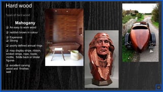 Contoso
S u i t e s
Types of hard wood
Mahogany
 An easy to work wood
 reddish brown in colour
 Expensive
 Strong
 poorly defined annual rings
 may display stripe, ribbon,
broken stripe, rope, ripple,
mottle, fiddle back or blister
figures
 excellent carving
wood and finishes
well
12
Hard wood
 