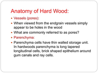 Anatomy of Hard Wood:
 Vessels (pores):
 When viewed from the endgrain vessels simply
appear to be holes in the wood
 What are commonly referred to as pores?
 Parenchyma:
 Parenchyma cells have thin walled storage unit.
In hardwoods parenchyma is long tapered
longitudinal cells, brick shaped epithelium around
gum canals and ray cells.
 