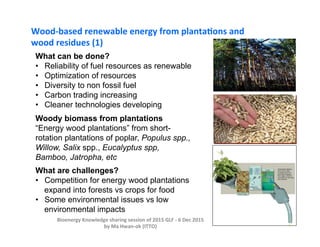 What can be done?
•  Reliability of fuel resources as renewable
•  Optimization of resources
•  Diversity to non fossil fuel
•  Carbon trading increasing
•  Cleaner technologies developing
Woody biomass from plantations
“Energy wood plantations” from short-
rotation plantations of poplar, Populus spp.,
Willow, Salix spp., Eucalyptus spp,
Bamboo, Jatropha, etc
What are challenges?
•  Competition for energy wood plantations
expand into forests vs crops for food
•  Some environmental issues vs low
environmental impacts
1	
Bioenergy	Knowledge	sharing	session	of	2015	GLF	-	6	Dec	2015		
by	Ma	Hwan-ok	(ITTO)		
Wood-based	renewable	energy	from	plantaJons	and	
wood	residues	(1)		
 