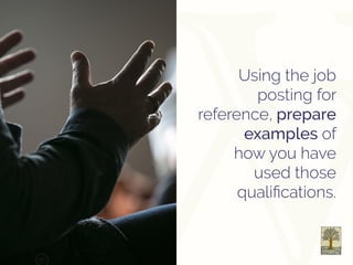 Using the job
posting for
reference, prepare
examples of
how you have
used those
qualifications.
 