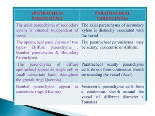 APOTRACHEAL
PARENCHYMA
PARATRACHEAL
PARENCHYMA
The axial parenchyma of secondary
xylem is situated independent of
vessel
The axial parenchyma of secondary
xylem is distinctly associated with
the vessel.
The apotracheal parenchyma of two
types- Diffuse parenchyma ,
Banded parenchyma & Boundary
Parenchyma.
The paratracheal parenchyma may
be scanty, vasicentric or Aliform.
The parenchyma of diffuse
apotracheal appear as single cell or
small uniseriate band throughout
the growth ring( Quercus)
Paratracheal scanty parenchyma
cells do not form continuous sheath
surrounding the vessel (Acer).
Banded parenchyma appear as
concentric rings (Hicoria)
Vesicentric parenchyma cells form
a continuous sheath around the
vessel of different diameter (
Tamarix)
 