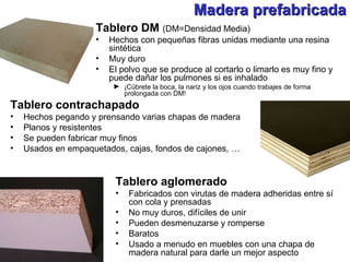 Madera prefabricada Tablero DM  (DM=Densidad Media) Hechos con pequeñas fibras unidas mediante una resina sintética Muy duro El polvo que se produce al cortarlo o limarlo es muy fino y puede dañar los pulmones si es inhalado ¡Cúbrete la boca, la nariz y los ojos cuando trabajes de forma prolongada con DM! Tablero contrachapado Hechos pegando y prensando varias chapas de madera Planos y resistentes Se pueden fabricar muy finos Usados en empaquetados, cajas, fondos de cajones, … Tablero aglomerado Fabricados con virutas de madera adheridas entre sí con cola y prensadas No muy duros, difíciles de unir Pueden desmenuzarse y romperse Baratos Usado a menudo en muebles con una chapa de madera natural para darle un mejor aspecto 