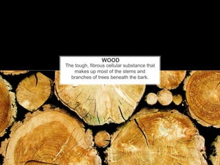 The tough, fibrous cellular substance that
makes up most of the stems and
branches of trees beneath the bark.
WOOD
 