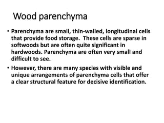 Wood parenchyma
• Parenchyma are small, thin-walled, longitudinal cells
that provide food storage. These cells are sparse in
softwoods but are often quite significant in
hardwoods. Parenchyma are often very small and
difficult to see.
• However, there are many species with visible and
unique arrangements of parenchyma cells that offer
a clear structural feature for decisive identification.
 