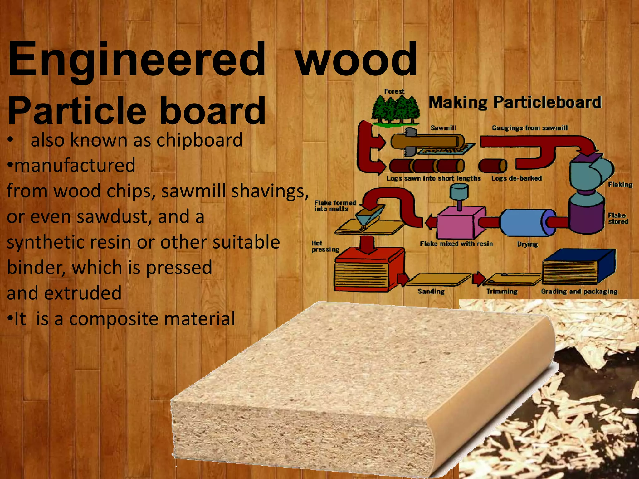 • also known as chipboard
•manufactured
from wood chips, sawmill shavings,
or even sawdust, and a
synthetic resin or other suitable
binder, which is pressed
and extruded
•It is a composite material
Engineered wood
Particle board
 