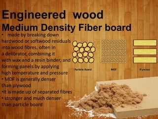 • made by breaking down
hardwood or softwood residuals
into wood fibres, often in
a delibrator, combining it
with wax and a resin binder, and
forming panels by applying
high temperature and pressure
• MDF is generally denser
than plywood
•It is made up of separated fibres
• stronger and much denser
than particle board
Engineered wood
Medium Density Fiber board
 