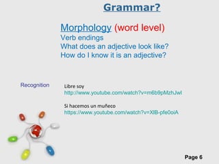 Free Powerpoint Templates
Page 6
Grammar?
Morphology (word level)
Verb endings
What does an adjective look like?
How do I know it is an adjective?
Recognition Libre soy
http://www.youtube.com/watch?v=m6b9pMzhJwI
Si hacemos un muñeco
https://www.youtube.com/watch?v=XlB-pfe0oiA
 