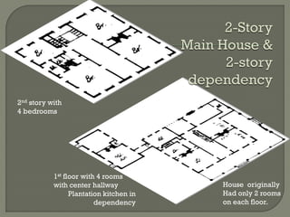 2nd story with
4 bedrooms




           1st floor with 4 rooms
           with center hallway           House originally
                 Plantation kitchen in   Had only 2 rooms
                         dependency      on each floor.
 