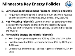Photo credits: http://realhousewivesofmn.com/category/minnesota-activities/
Minnesota Key Energy Policies
1. Conservation Improvement Program (electric and gas):
o Requires utilities to spend a certain amount of annual revenue
on efficiency investments (Gas .5%, Electric 1.5%, Xcel 2%)
2. Net Metering (electric): Customers must be compensated for
electricity they generate and feed into the local utility’s grid
(1,000 kW limit for investor-owned utilities, 40 kW limit for coops
and muni’s)
3. Renewable Energy Standards (electric):
o Xcel Energy – generate/procure 30% by 2020, plus 1.5% solar
o Investor-owned utilities – generate/procure 25% by 2025, plus
1.5% solar
o Cooperative and municipal utilities – generate/procure 25% by
2025
 