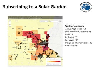 Subscribing to a Solar Garden
Washington County
Active Application: 64
MW Active Applications: 48
Initial: 1
In Review: 2
Reviewed: 33
Design and Construction: 28
Complete: 0
 