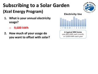 1. What is your annual electricity
usage?
o 9,600 kWh
2. How much of your usage do
you want to offset with solar?
Subscribing to a Solar Garden
(Xcel Energy Program)
 