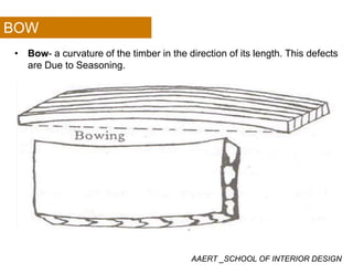 BOW
• Bow- a curvature of the timber in the direction of its length. This defects
are Due to Seasoning.g
AAERT _SCHOOL OF INTERIOR DESIGN
 