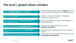 The local / global citizen mindset
A presentation by Wood.
11
From a polarized debate on fossil fuels
From “us” and “them”
From being focused on the needs of my people (in the
(relatively) wealthy west)
From a simplistic approach to emerging industries
From being focused on the desire to create wealth for
myself
From living as I want as long as I don't hurt anyone
to appreciate the urgent need to quickly transition
industry, jobs & communities to a different future.
to “we” – all of us are included – employees,
employers, citizens, voters
to also considering the needs of the foreigner (in
the exposed east)
to investing in areas where the UK can be
globally competitive
to the desire for creating wealth for my children's
children
to living with the knowledge that every choice has
unintended consequences
 