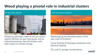 Wood playing a pivotal role in industrial clusters
17 A presentation by Wood.
Designing optimised, state-of-the-art carbon
capture facilities for gas-fired power and six
industrial processes. Key UK emitters with
high impact on climate change.
Roadmapping the decarbonisation of the
east coast of Scotland
Future forecast of hydrogen production and
demand capacity.
CO2 and H2 storage considerations.
BP Net Zero Teeside SGN Northeast Scotland
 