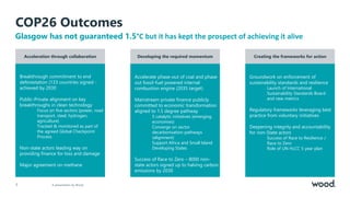 Creating the frameworks for action
Groundwork on enforcement of
sustainability standards and resilience
Launch of International
Sustainability Standards Board
and new metrics
Regulatory frameworks leveraging best
practice from voluntary initiatives
Deepening integrity and accountability
for non-State actors
Success of Race to Resilience /
Race to Zero
Role of UN HLCC 5 year plan
Developing the required momentum
COP26 Outcomes
A presentation by Wood.
7
Glasgow has not guaranteed 1.5°C but it has kept the prospect of achieving it alive
Acceleration through collaboration
Breakthrough commitment to end
deforestation (133 countries signed -
achieved by 2030
Public-Private alignment on key
breakthroughs in clean technology
Focus on five sectors (power, road
transport, steel, hydrogen,
agriculture)
Tracked & monitored as part of
the agreed Global Checkpoint
Process
Non-state actors leading way on
providing finance for loss and damage
Major agreement on methane
Accelerate phase-out of coal and phase
out fossil-fuel powered internal
combustion engine (2035 target)
Mainstream private finance publicly
committed to economic transformation
aligned to 1.5 degree pathway
5 catalytic initiatives (emerging
economies)
Converge on sector
decarbonisation pathways
(alignment)
Support Africa and Small Island
Developing States
Success of Race to Zero – 8000 non-
state actors signed up to halving carbon
emissions by 2030
 