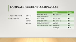 LAMINATE WOODEN FLOORING COST
 ROOM SIZE 10’X12’ =120 Sq ft
 COST PER Sq ft =₹132
=120X132
=₹15,840
RANGE COST
NORMAL AC3
LAMINATE WOOD
₹75-150/ Sq ft ₹80
WASTAGE 5% TO 10% ₹8
LABOUR COST ₹25-30/ Sq ft ₹30
POLYTHIN SHEET ₹6/ Sq ft ₹6
CUSHIONING FOAM ₹6-10/ Sq ft ₹8
PER Sq ft ₹132
 