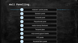 Wall Panelling.
chipboard / particle panels,
Sandwich panels
Composite panel
Polycarbonate panel
medium-density fiberboard,
Tempered glass
vinyl-covered gypsum boards
PVC panels
Acoustical fabric panels
 