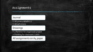 Assignments
Journal
• All joinery details 1:2
• All definitions
Drawings
• 1 Partition for anganwadi project
• Paneling for classroom / cabin
All assignments on A4 paper
 