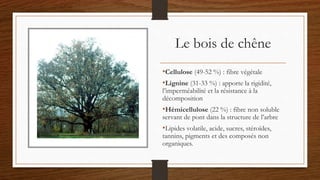 Le bois de chêne
•Cellulose (49-52 %) : fibre végétale
•Lignine (31-33 %) : apporte la rigidité,
l’imperméabilité et la résistance à la
décomposition
•Hémicellulose (22 %) : fibre non soluble
servant de pont dans la structure de l’arbre
•Lipides volatile, acide, sucres, stéroïdes,
tannins, pigments et des composés non
organiques.
 