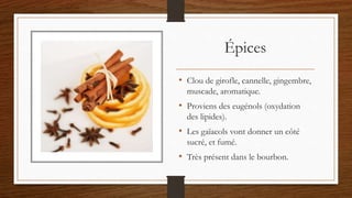 Épices
• Clou de girofle, cannelle, gingembre,
muscade, aromatique.
• Proviens des eugénols (oxydation
des lipides).
• Les gaïacols vont donner un côté
sucré, et fumé.
• Très présent dans le bourbon.
 