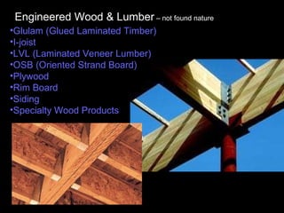 Glulam  (Glued Laminated Timber)   I-joist   LVL (Laminated Veneer Lumber)   OSB (Oriented Strand Board)   Plywood   Rim Board   Siding   Specialty Wood Products                 Engineered Wood & Lumber  – not found nature 