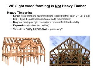 L arger (5”x5” min) and fewer members (spaced further apart 2’,4’,6’, 8’o.c) IBC   - Type 4 Construction (different code requirements) D iagonal bracing or rigid connections required for lateral stability Exposed  construction (no cavities) T ends to be   Very Expensive   –  guess why? LWF (light wood framing) is  Not  Heavy Timber Heavy Timber is: 