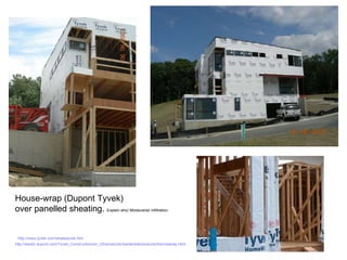 House-wrap (Dupont Tyvek)  over panelled sheating.  Explain why! Moisture/air infiltration. http://www.tyvek.com/whatistyvek.htm http://www2.dupont.com/Tyvek_Construction/en_US/products/residential/products/thermawrap.html 