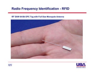 Radio Frequency Identification - RFID

       RF SAW 64-Bit EPC Tag with Full Size Monopole Antenna




02/06/07
Page 25
 