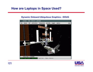 How are Laptops in Space Used?

            Dynamic Onboard Ubiquitous Graphics - DOUG




02/06/07
Page 28
 