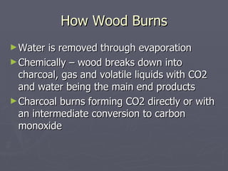 How Wood Burns Water is removed through evaporation Chemically – wood breaks down into charcoal, gas and volatile liquids with CO2 and water being the main end products Charcoal burns forming CO2 directly or with an intermediate conversion to carbon monoxide 