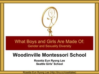 Woodinville Montessori School
Rosetta Eun Ryong Lee
Seattle Girls’ School
What Boys and Girls Are Made Of:
Gender and Sexuality Diversity
Rosetta Eun Ryong Lee (http://tiny.cc/rosettalee)
 