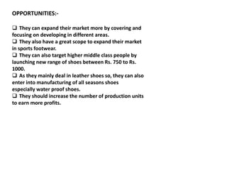 OPPORTUNITIES:-
 They can expand their market more by covering and
focusing on developing in different areas.
 They also have a great scope to expand their market
in sports footwear.
 They can also target higher middle class people by
launching new range of shoes between Rs. 750 to Rs.
1000.
 As they mainly deal in leather shoes so, they can also
enter into manufacturing of all seasons shoes
especially water proof shoes.
 They should increase the number of production units
to earn more profits.
 