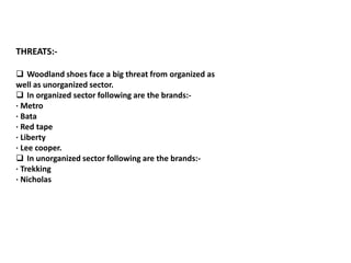 THREATS:-
 Woodland shoes face a big threat from organized as
well as unorganized sector.
 In organized sector following are the brands:-
· Metro
· Bata
· Red tape
· Liberty
· Lee cooper.
 In unorganized sector following are the brands:-
· Trekking
· Nicholas
 