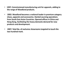 • 1997: Commissioned manufacturing unit for apparels, adding to
the range of Woodland products.
• 2002: Woodland becomes a national leader in premium category
shoes, apparels and accessories. Started sourcing operations
from South East Asian Countries. Opened offices in China and
Hong Kong, facilitating the heavy domestic demand for new
products and development.
• 2007: Total No. of exclusive showrooms targeted to touch the
two hundred mark.
 