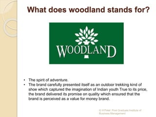 What does woodland stands for?
• The spirit of adventure.
• The brand carefully presented itself as an outdoor trekking kind of
shoe which captured the imagination of Indian youth True to its price,
the brand delivered its promise on quality which ensured that the
brand is perceived as a value for money brand.
G H Patel Post Graduate Institute of
Business Management
 
