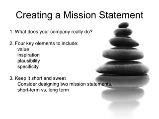 Creating a Mission Statement
1. What does your company really do?
2. Four key elements to include:
value
inspiration
plausibility
specificity
3. Keep it short and sweet
Consider designing two mission statements,
short-term vs. long term
 