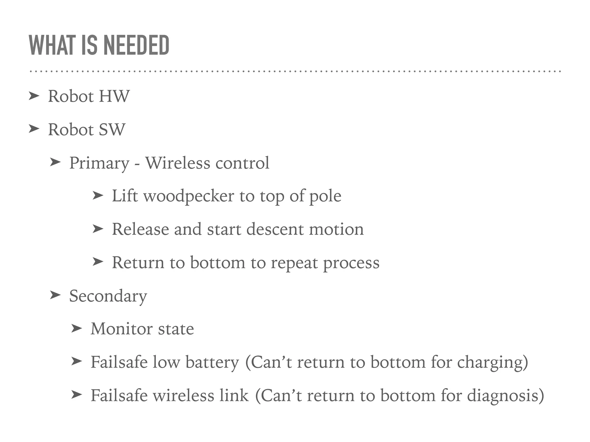 WHAT IS NEEDED
➤ Robot HW
➤ Robot SW
➤ Primary - Wireless control
➤ Lift woodpecker to top of pole
➤ Release and start descent motion
➤ Return to bottom to repeat process
➤ Secondary
➤ Monitor state
➤ Failsafe low battery (Can’t return to bottom for charging)
➤ Failsafe wireless link (Can’t return to bottom for diagnosis)
 