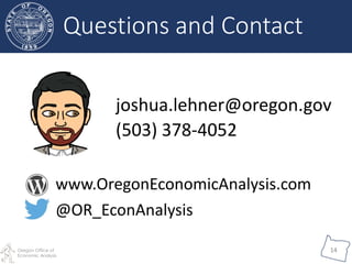 Oregon Office of
Economic Analysis
14
joshua.lehner@oregon.gov
(503) 378-4052
www.OregonEconomicAnalysis.com
@OR_EconAnalysis
Questions and Contact
 