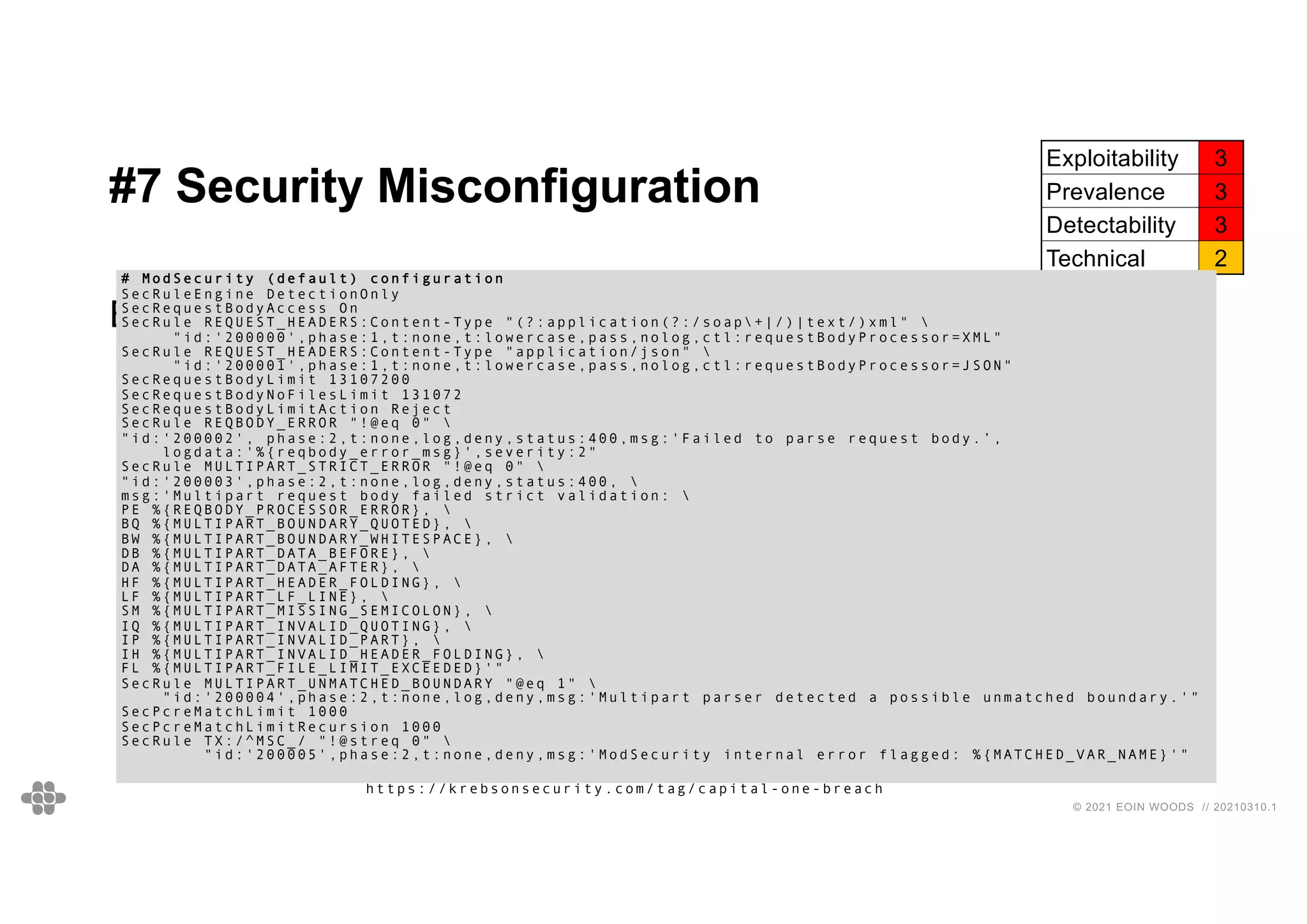44
44
© 2021 EOIN WOODS // 20210310.1
#7 Security Misconfiguration
Exploitability 3
Prevalence 3
Detectability 3
Technical 2
Example: Capital One
https://krebsonsecurity.com/tag/capital-one-breach
Capital One VPC
M
o
d
S
e
c
u
r
i
t
y
AWS S3
Bucket
AWS EC2 VM
$ > a w s i a m l i s t - r o l e s
$ > …
P E % { R E Q B O D Y _ P R O C E S S O R _ E R R O R } , 
B Q % { M U L T I P A R T _ B O U N D A R Y _ Q U O T E D } , 
B W % { M U L T I P A R T _ B O U N D A R Y _ W H I T E S P A C E } ,

D B % { M U L T I P A R T _ D A T A _ B E F O R E } , 
D A % { M U L T I P A R T _ D A T A _ A F T E R } , 
H F % { M U L T I P A R T _ H E A D E R _ F O L D I N G } , 
L F % { M U L T I P A R T _ L F _ L I N E } , 
M o d S e c u r i t y C o n f i g u r a t i o n
• M i s t a k e i n M o d S e c u r i t y a l l o w e d a t t a c k e r i n t o V M
• I A M m i s c o n f i g u r a t i o n a l l o w e d a c c e s s t o S 3
# ModSecurity (default) configuration
SecRuleEngine DetectionOnly
SecRequestBodyAccess On
SecRule REQUEST_HEADERS:Content-Type "(?:application(?:/soap+|/)|text/)xml" 
"id:'200000',phase:1,t:none,t:lowercase,pass,nolog,ctl:requestBodyProcessor=XML"
SecRule REQUEST_HEADERS:Content-Type "application/json" 
"id:'200001',phase:1,t:none,t:lowercase,pass,nolog,ctl:requestBodyProcessor=JSON"
SecRequestBodyLimit 13107200
SecRequestBodyNoFilesLimit 131072
SecRequestBodyLimitAction Reject
SecRule REQBODY_ERROR "!@eq 0" 
"id:'200002', phase:2,t:none,log,deny,status:400,msg:'Failed to parse request body.’,
logdata:'%{reqbody_error_msg}',severity:2"
SecRule MULTIPART_STRICT_ERROR "!@eq 0" 
"id:'200003',phase:2,t:none,log,deny,status:400, 
msg:'Multipart request body failed strict validation: 
PE %{REQBODY_PROCESSOR_ERROR}, 
BQ %{MULTIPART_BOUNDARY_QUOTED}, 
BW %{MULTIPART_BOUNDARY_WHITESPACE}, 
DB %{MULTIPART_DATA_BEFORE}, 
DA %{MULTIPART_DATA_AFTER}, 
HF %{MULTIPART_HEADER_FOLDING}, 
LF %{MULTIPART_LF_LINE}, 
SM %{MULTIPART_MISSING_SEMICOLON}, 
IQ %{MULTIPART_INVALID_QUOTING}, 
IP %{MULTIPART_INVALID_PART}, 
IH %{MULTIPART_INVALID_HEADER_FOLDING}, 
FL %{MULTIPART_FILE_LIMIT_EXCEEDED}'"
SecRule MULTIPART_UNMATCHED_BOUNDARY "@eq 1" 
"id:'200004',phase:2,t:none,log,deny,msg:'Multipart parser detected a possible unmatched boundary.'"
SecPcreMatchLimit 1000
SecPcreMatchLimitRecursion 1000
SecRule TX:/^MSC_/ "!@streq 0" 
"id:'200005',phase:2,t:none,deny,msg:'ModSecurity internal error flagged: %{MATCHED_VAR_NAME}'"
 
