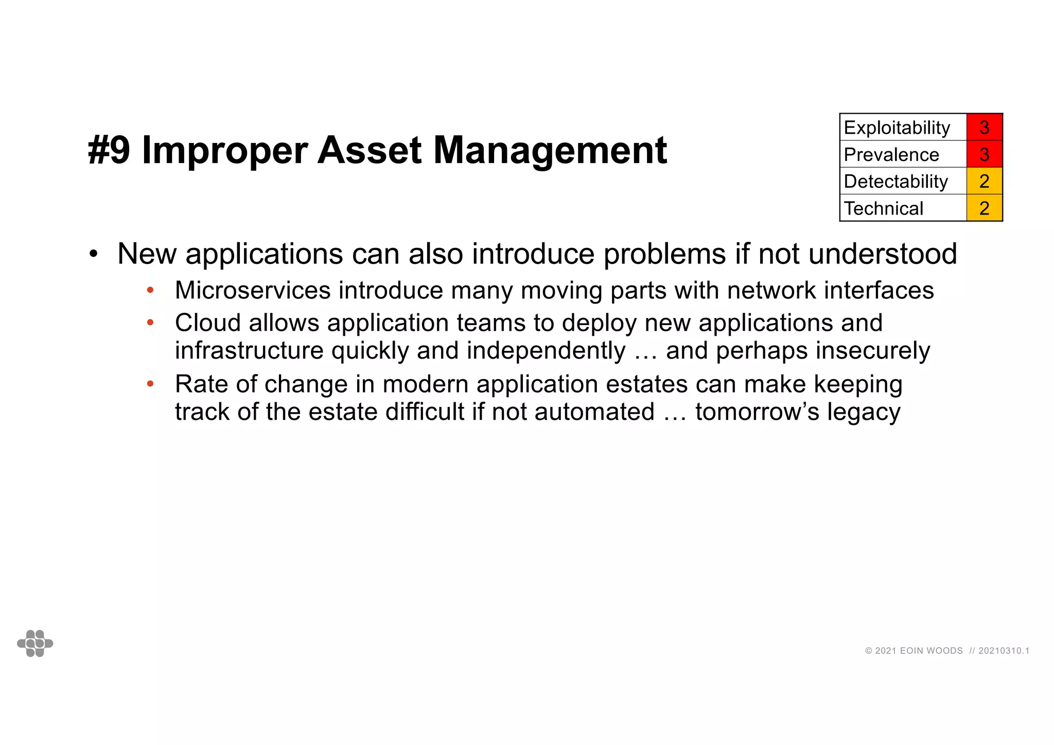49
49
© 2021 EOIN WOODS // 20210310.1
#9 Improper Asset Management
Exploitability 3
Prevalence 3
Detectability 2
Technical 2
• New applications can also introduce problems if not understood
• Microservices introduce many moving parts with network interfaces
• Cloud allows application teams to deploy new applications and
infrastructure quickly and independently … and perhaps insecurely
• Rate of change in modern application estates can make keeping
track of the estate difficult if not automated … tomorrow’s legacy
 