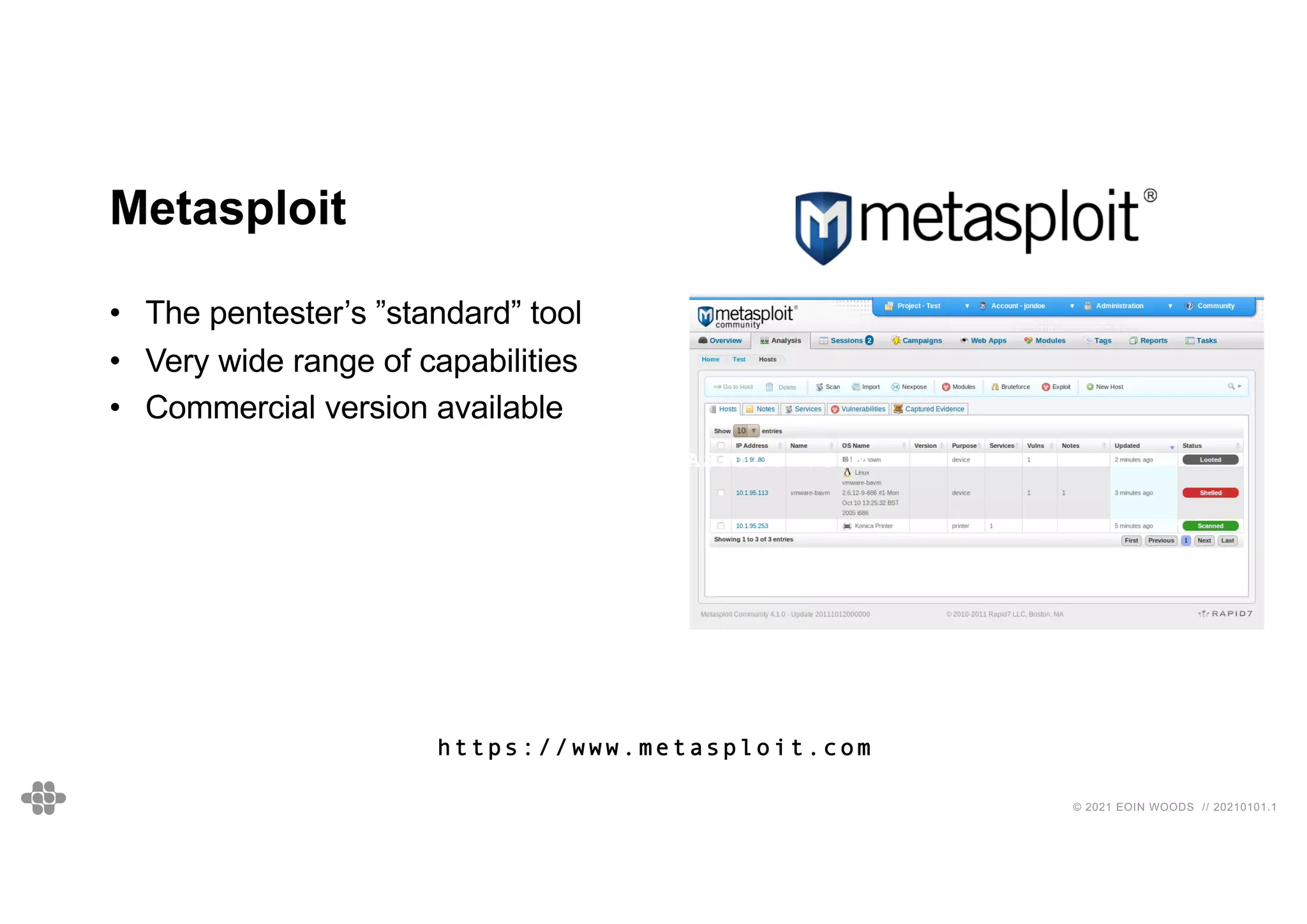 © 2021 EOIN WOODS // 20210101.1
Metasploit
• The pentester’s ”standard” tool
• Very wide range of capabilities
• Commercial version available
https://www.metasploit.com
HTTPS://WWW.METASPLOIT.COM
 